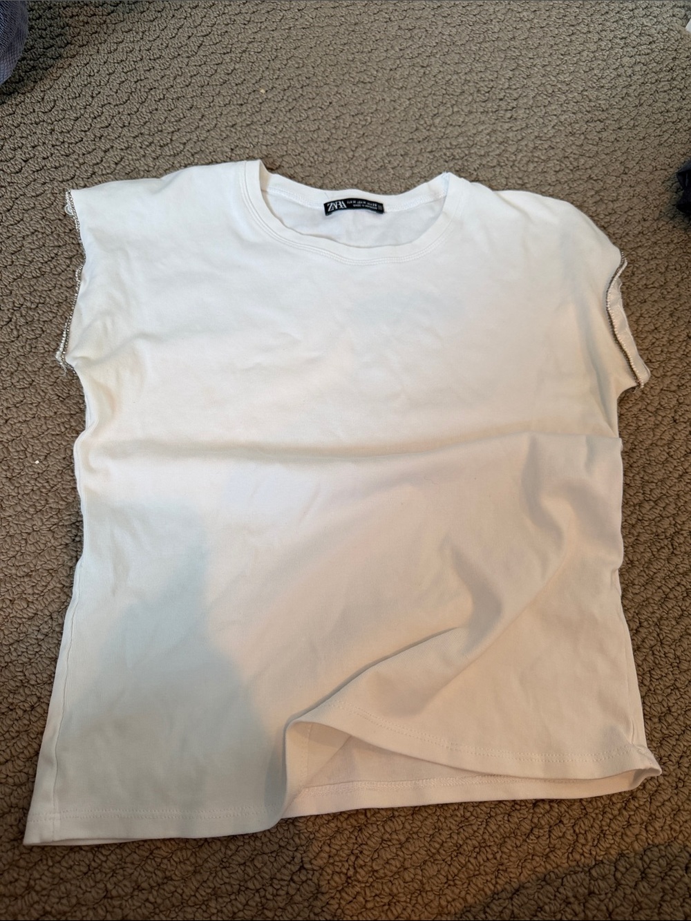 Zara White Cap Sleeve Cotton Tee with Contrast Trim